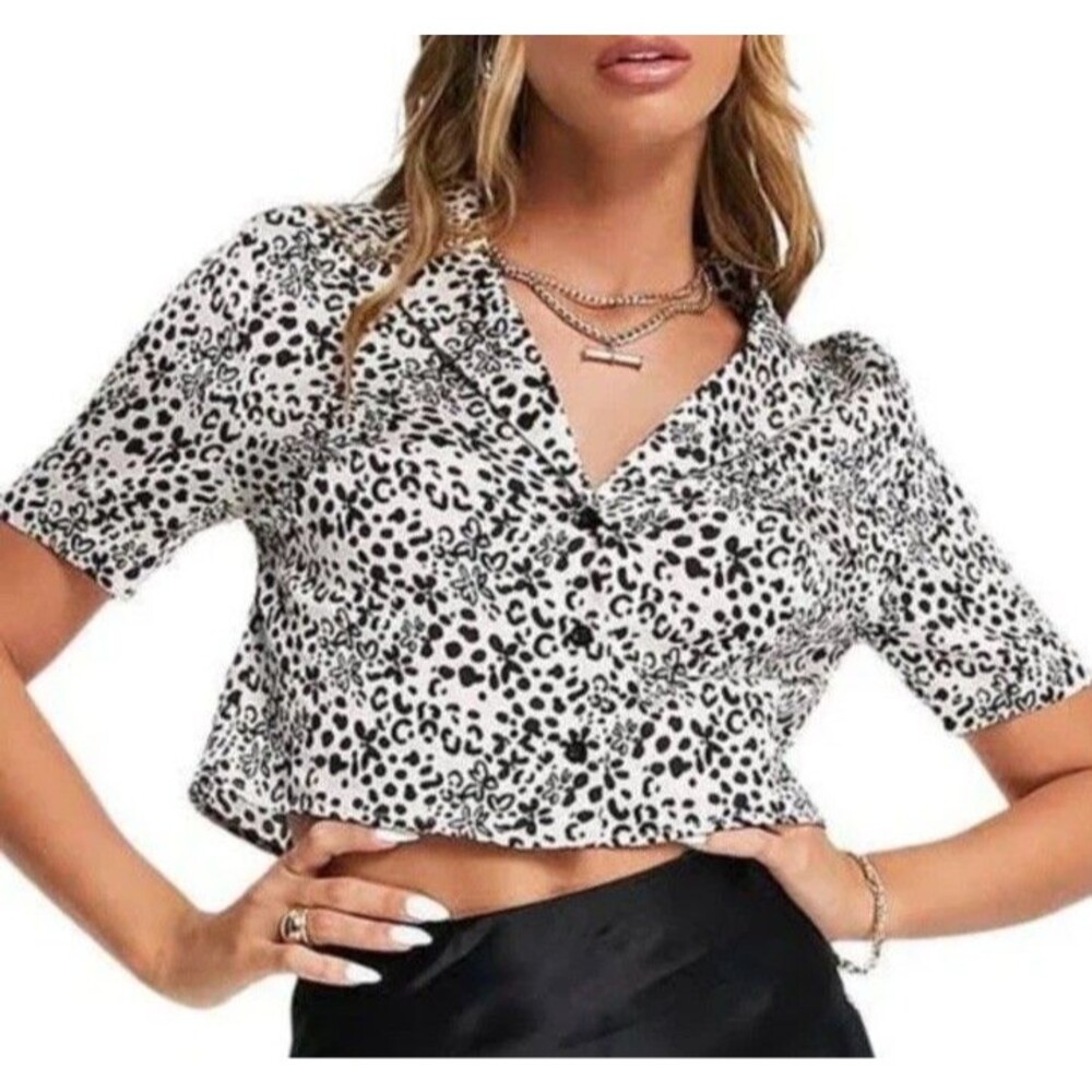 Topshop Women Floral Leopard Print Crop Top Size 10 M